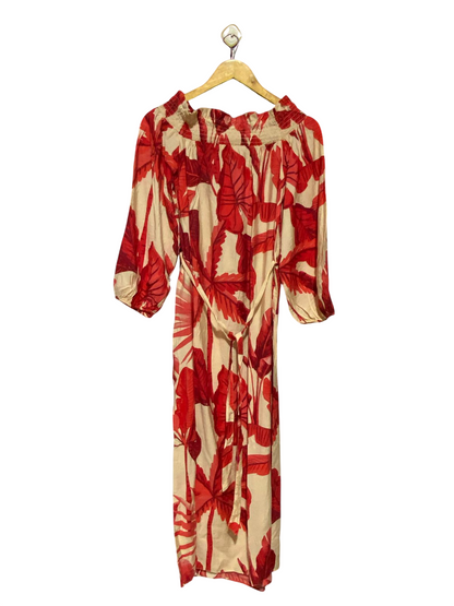 F&F | L| BUST 18| B19| TROPICAL PALM LEAF PRINT OFF-SHOULDER MAXI DRESS - RED & CREAM