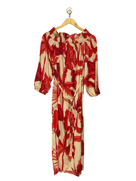 F&F | L| BUST 18| B19| TROPICAL PALM LEAF PRINT OFF-SHOULDER MAXI DRESS - RED & CREAM