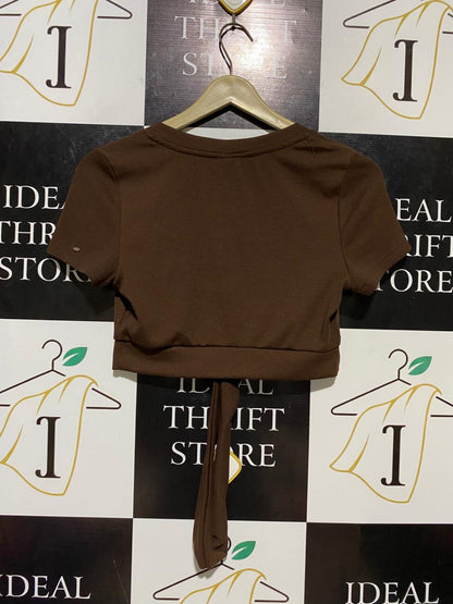 SHEIN |M| BUST 15| B19| EZWEAR RIBBED TIE-HEM CROP TOP - COFFEE BROWN