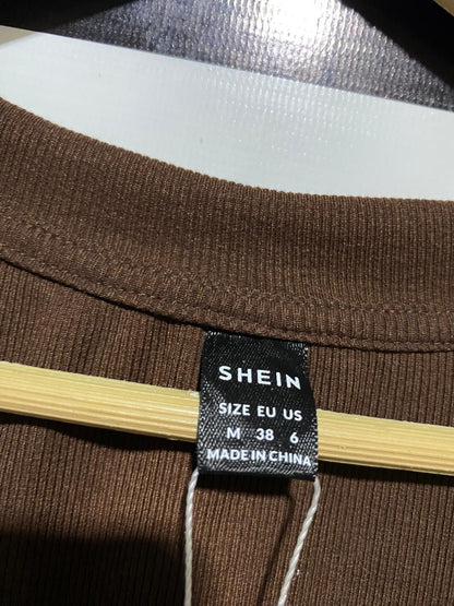 SHEIN |M| BUST 15| B19| EZWEAR RIBBED TIE-HEM CROP TOP - COFFEE BROWN