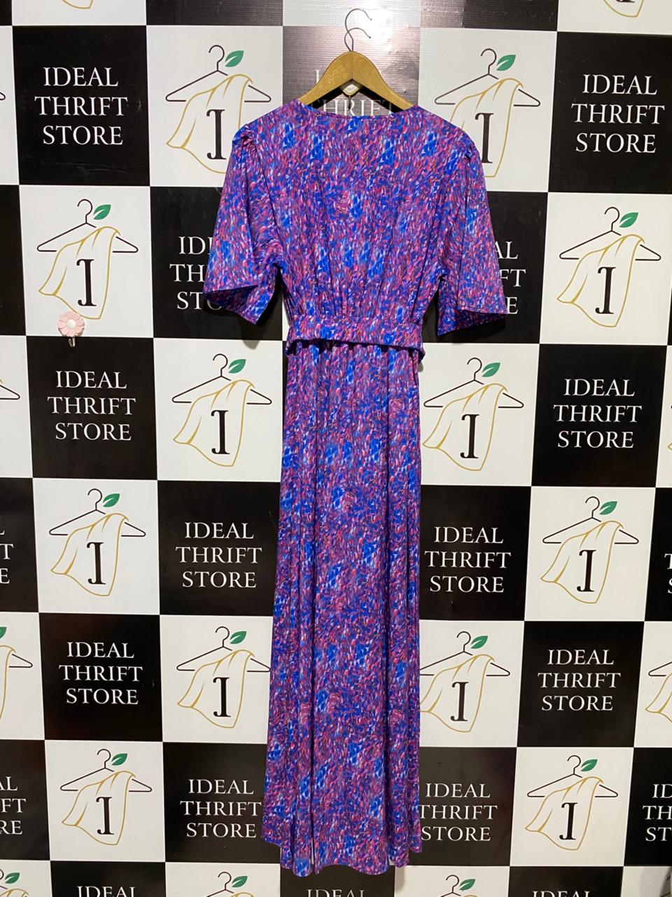 |L| BUST 18| B19| VIBRANT ABSTRACT PRINT V-NECK MAXI DRESS - PURPLE & BLUE