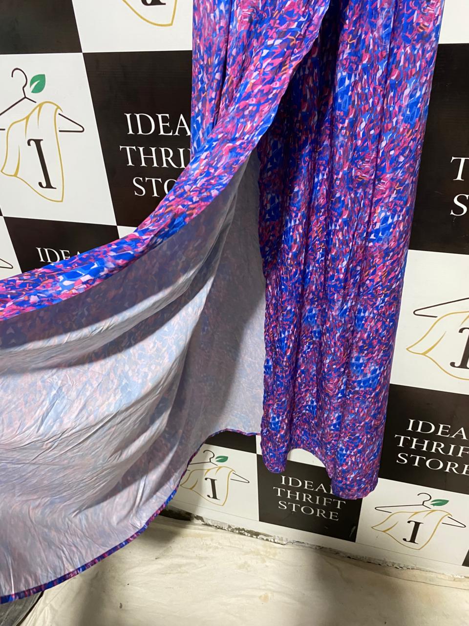 |L| BUST 18| B19| VIBRANT ABSTRACT PRINT V-NECK MAXI DRESS - PURPLE & BLUE