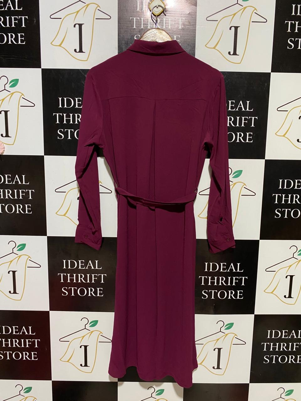 |L| BUST 20| B19| ELEGANT MINT VELVET LONG-SLEEVE SHIRT DRESS - BURGUNDY