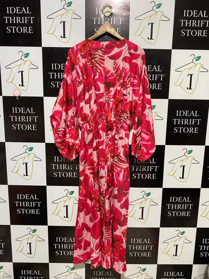 BOOHOO |L| BUST FREE| B19| DARK PINK TROPICAL FLORAL V-NECK MAXI DRESS