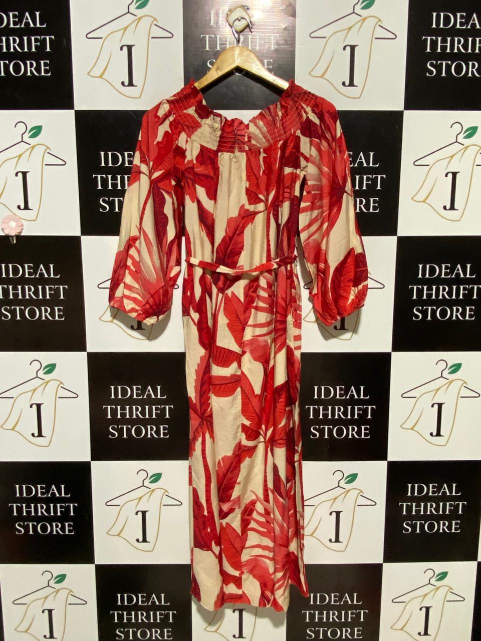F&F | L| BUST 18| B19| TROPICAL PALM LEAF PRINT OFF-SHOULDER MAXI DRESS - RED & CREAM