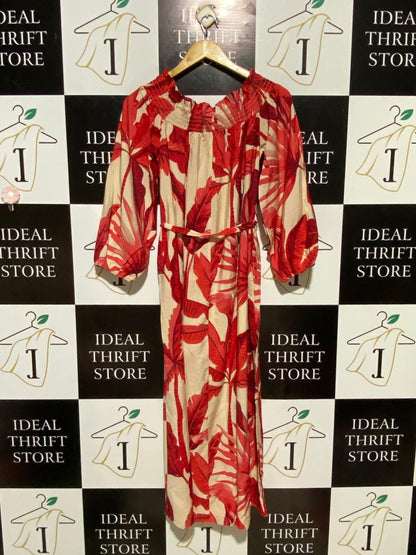 F&F | L| BUST 18| B19| TROPICAL PALM LEAF PRINT OFF-SHOULDER MAXI DRESS - RED & CREAM