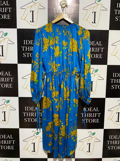 RIVER ISLAND |XL| BUST 19| B19| BLUE FLORAL PRINT SATIN FINISH LONG SLEEVE MIDI DRESS