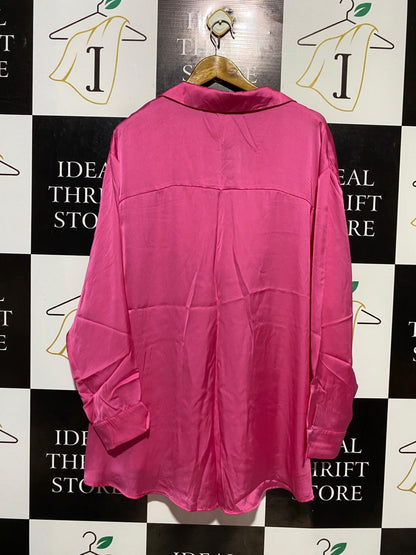 PRIMARK |S| BUST 26| B19| HOT PINK SATIN BUTTON-DOWN LONG SLEEVE BLOUSE NWT