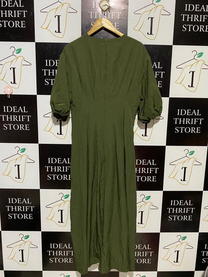 SHEIN |L| BUST 17| B19| OLIVE GREEN V-NECK PUFF SLEEVE MIDI DRESS WITH EMPIRE WAIST