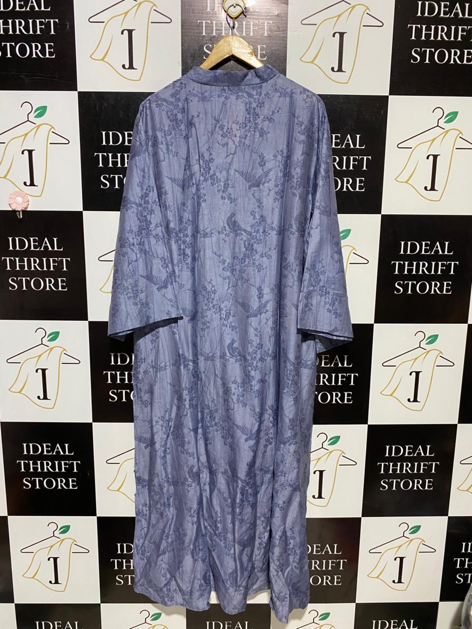 WHITE ICY |XL| BUST 24| B19| DUSTY BLUE ORIENTAL BIRD & FLORAL PRINT V-NECK MAXI ABAYA DRESS