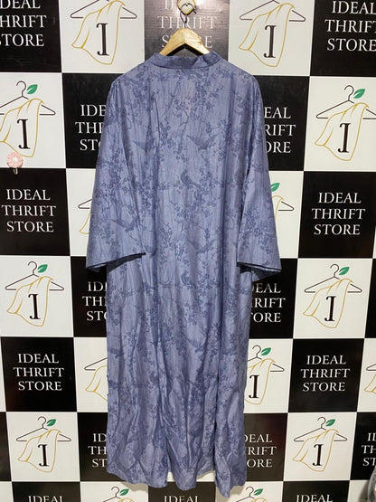 WHITE ICY |XL| BUST 24| B19| DUSTY BLUE ORIENTAL BIRD & FLORAL PRINT V-NECK MAXI ABAYA DRESS