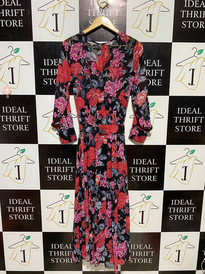 EN FOCUS |M| BUST 17| B19| BLACK RED FLORAL V-NECK LONG SLEEVE MAXI DRESS