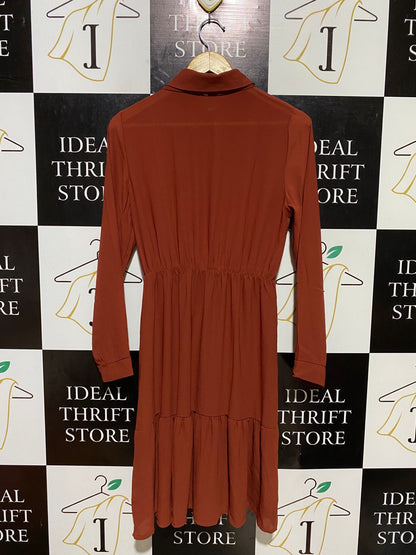 YAMI MODA |L| BUST 18| B19| ELEGANT RUST BROWN LONG SLEEVE BUTTON-DOWN MIDI MAXI DRESS WITH TIE NECK