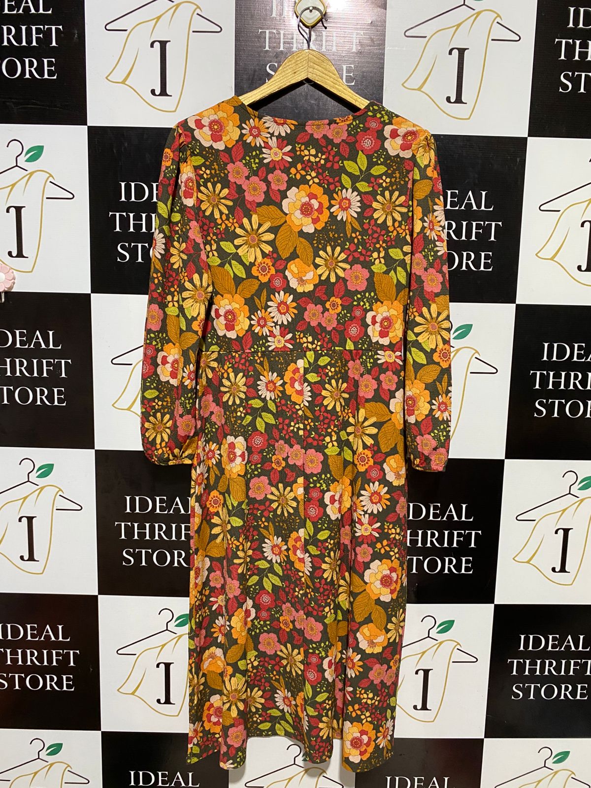 TU WOMAN |L| BUST 19| B19| VINTAGE STYLE RETRO FLORAL V-NECK LONG SLEEVE MIDI MAXI DRESS