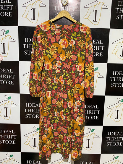TU WOMAN |L| BUST 19| B19| VINTAGE STYLE RETRO FLORAL V-NECK LONG SLEEVE MIDI MAXI DRESS