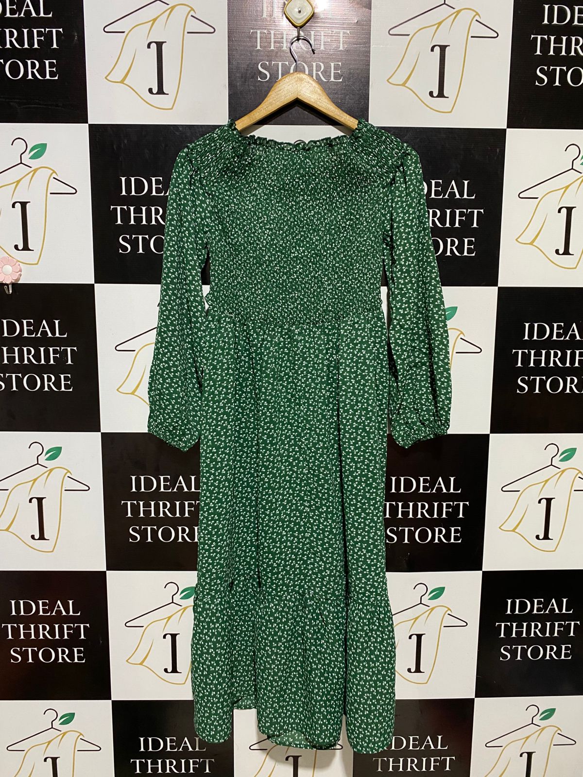 SHEIN |S| BUST 15| B19| DARK GREEN POLKA DOT SMOCKED RUFFLE MIDI MAXI DRESS