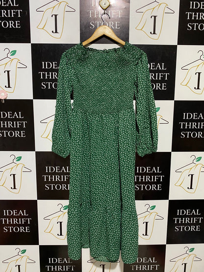 SHEIN |S| BUST 15| B19| DARK GREEN POLKA DOT SMOCKED RUFFLE MIDI MAXI DRESS
