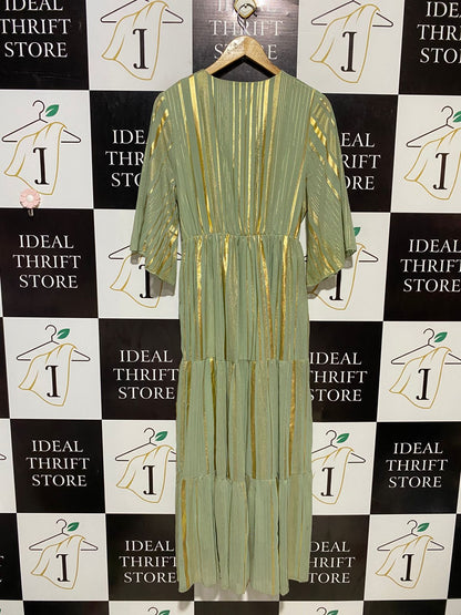 SHEIN |M| BUST 18| B19| V-NECK METALLIC GOLD STRIPE TIERED MAXI DRESS