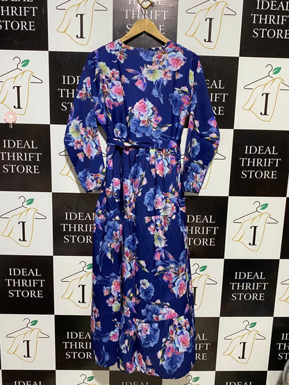 |L| BUST 19| B18| ELEGANT NAVY BLUE FLORAL TIERED MAXI DRESS WITH WAIST TIE