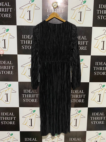 PRIMARK |L| BUST 19| B18| SHIMMER BLACK PLEATED PLISSE MIDI DRESS