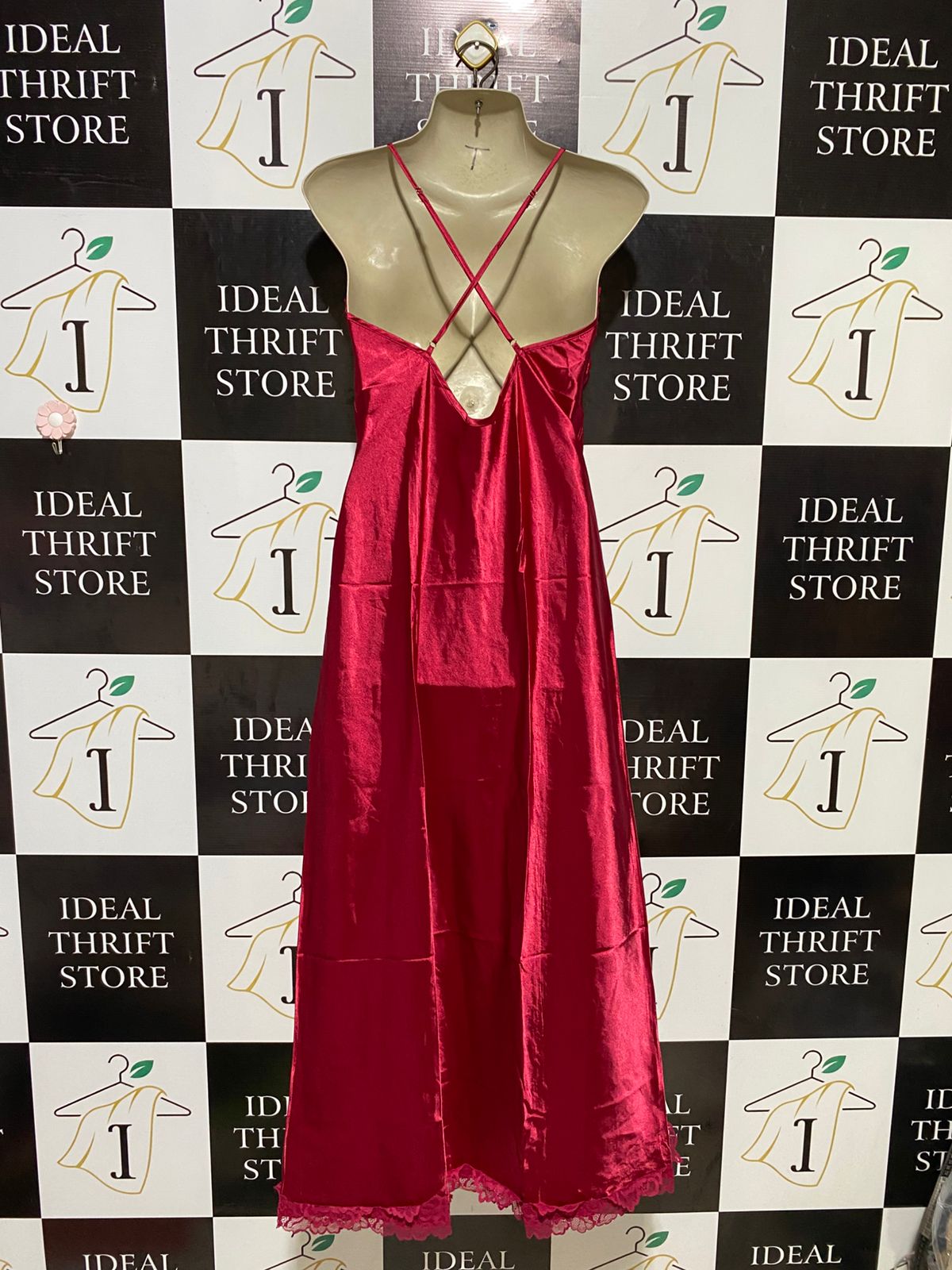 |L| BUST 15| B18| LUXURY RED SATIN LACE TRIM NIGHTWEAR SLIP DRESS