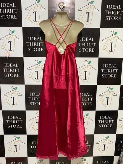 |L| BUST 15| B18| LUXURY RED SATIN LACE TRIM NIGHTWEAR SLIP DRESS
