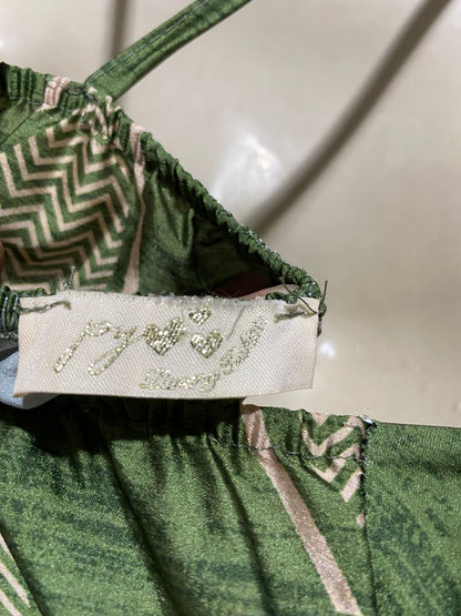 PY |M| BUST 16| B18| VINTAGE ETHNIC GEOMETRIC PRINT GREEN SILK MAXI DRESS WITH BELT