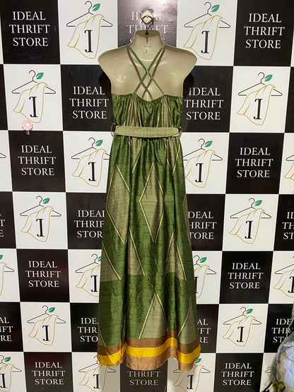 PY |M| BUST 16| B18| VINTAGE ETHNIC GEOMETRIC PRINT GREEN SILK MAXI DRESS WITH BELT