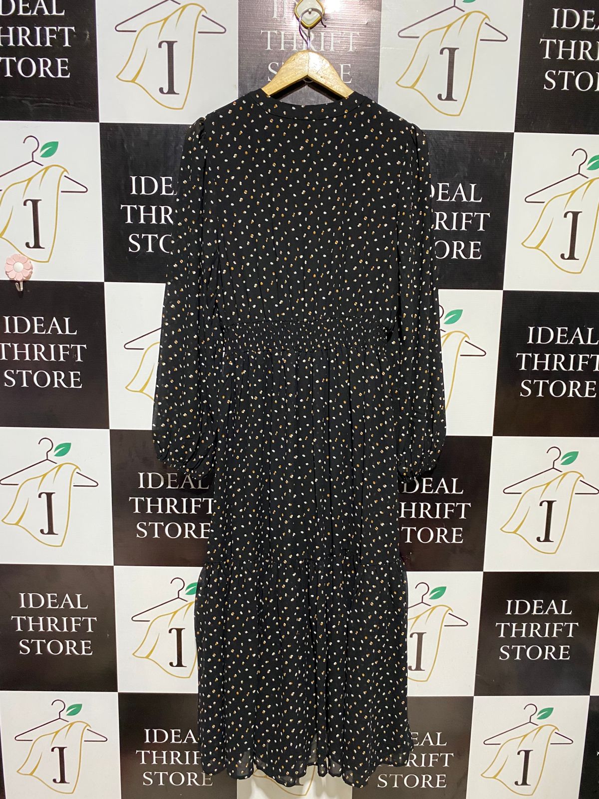 RUSTTY DUSTTY |L| BUST 18| B18| BOHO EMBROIDERED FLORAL BLACK POLKA DOT MAXI DRESS WITH TASSEL TIE