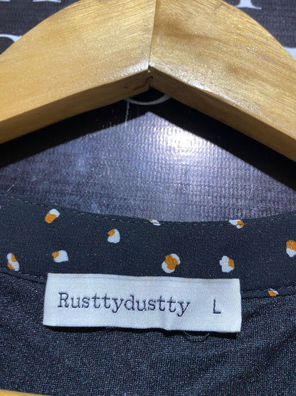 RUSTTY DUSTTY |L| BUST 18| B18| BOHO EMBROIDERED FLORAL BLACK POLKA DOT MAXI DRESS WITH TASSEL TIE