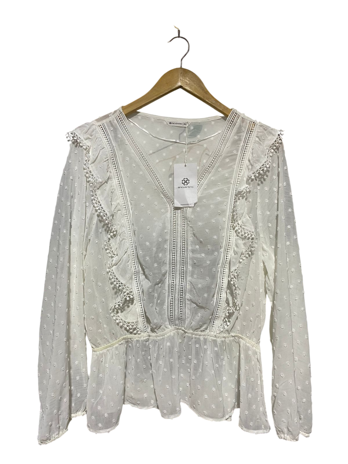 ENCUENTRO |XL| BUST 24| B20| WHITE SWISS DOT LACE TRIM PEPLUM BLOUSE