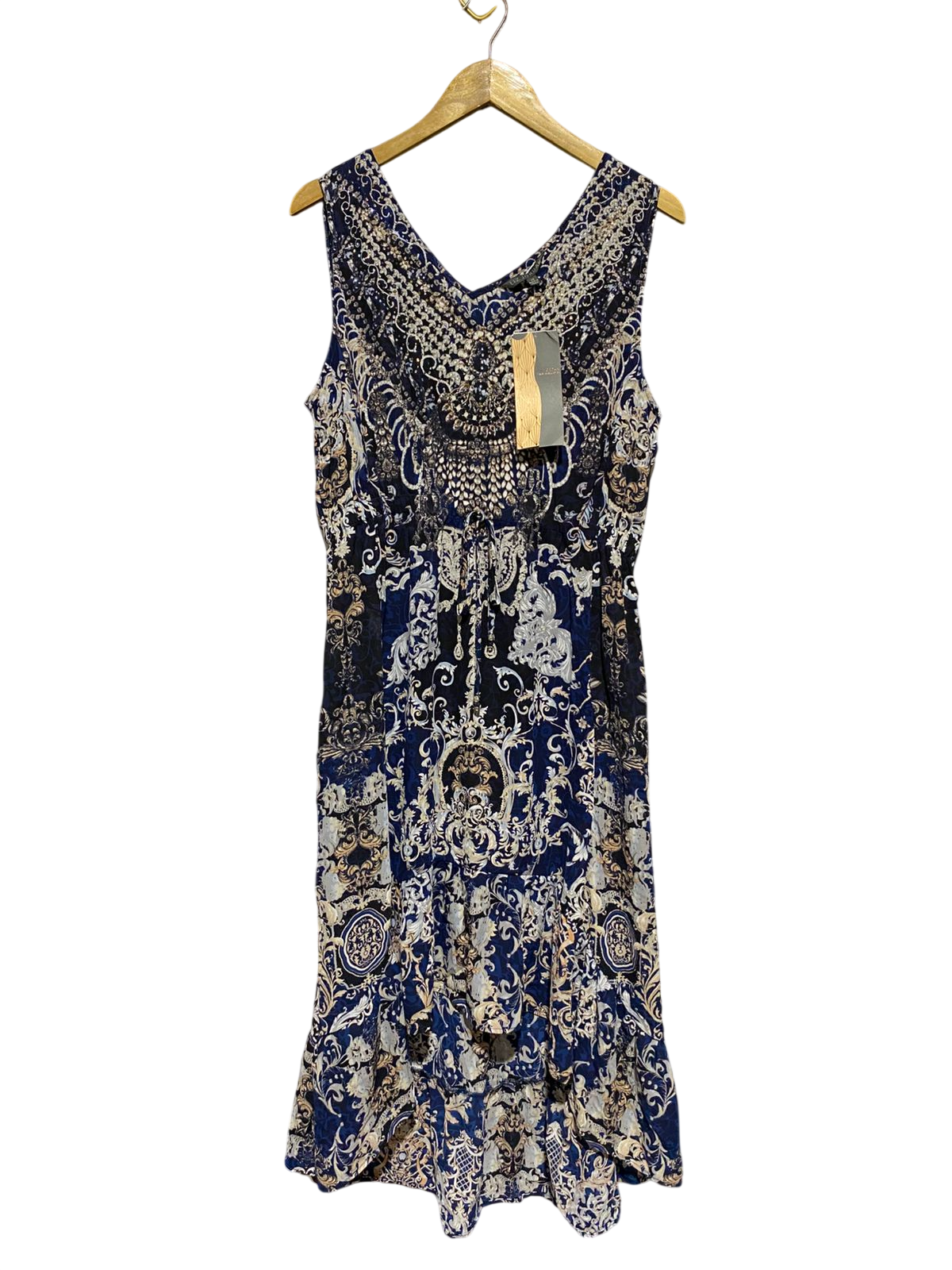 LIZ JORDAN |L| BUST 20| B20| LUXE NAVY BAROQUE PRINT SLEEVELESS MIDI DRESS