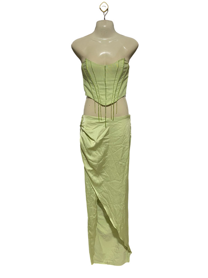OH POLLY |M| B20| LIME GREEN CRYSTAL CORSET & DRAPED MAXI SET
