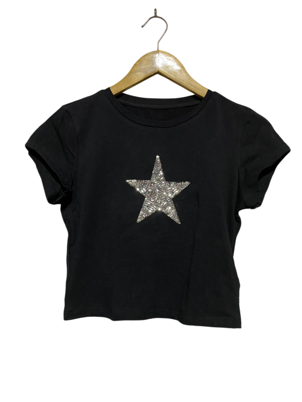 SHEIN |M| BUST 16| B20| GLITTER STAR EMBELLISHED CROP TEE - JET BLACK