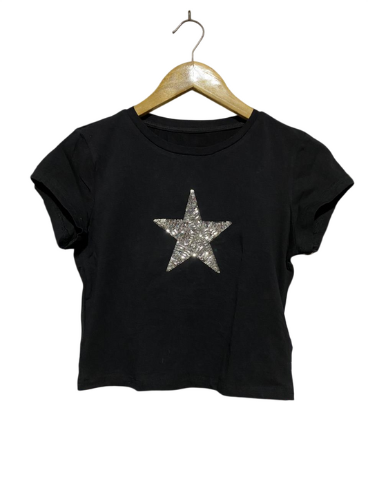 SHEIN |M| BUST 16| B20| GLITTER STAR EMBELLISHED CROP TEE - JET BLACK