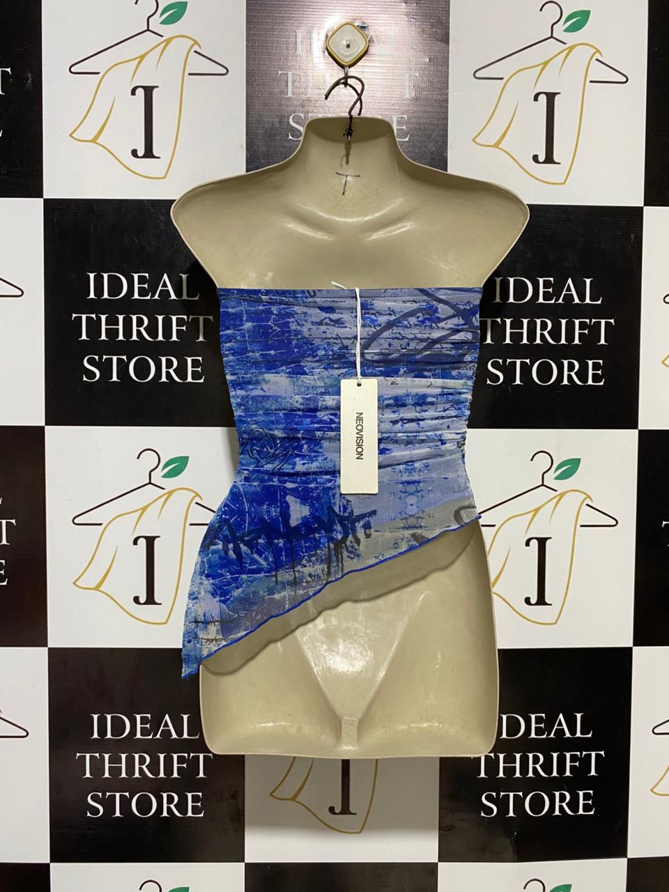 NEOVISION |XS| BUST 22| B20| PREMIUM BLUE ABSTRACT PRINT MESH TUBE TOP – ASYMMETRIC RUCHE DESIGN