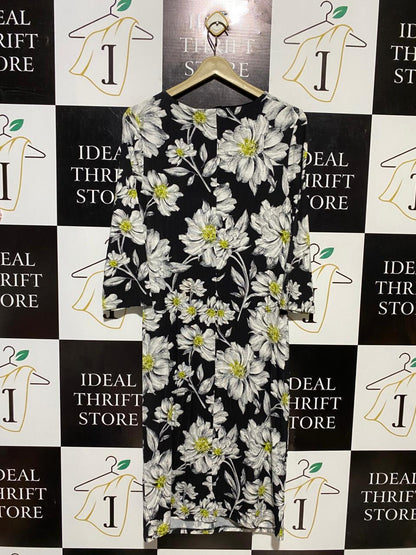 D L |L| BUST 19| B20| ELEGANT BLACK FLORAL RUCHE FRONT MIDI DRESS