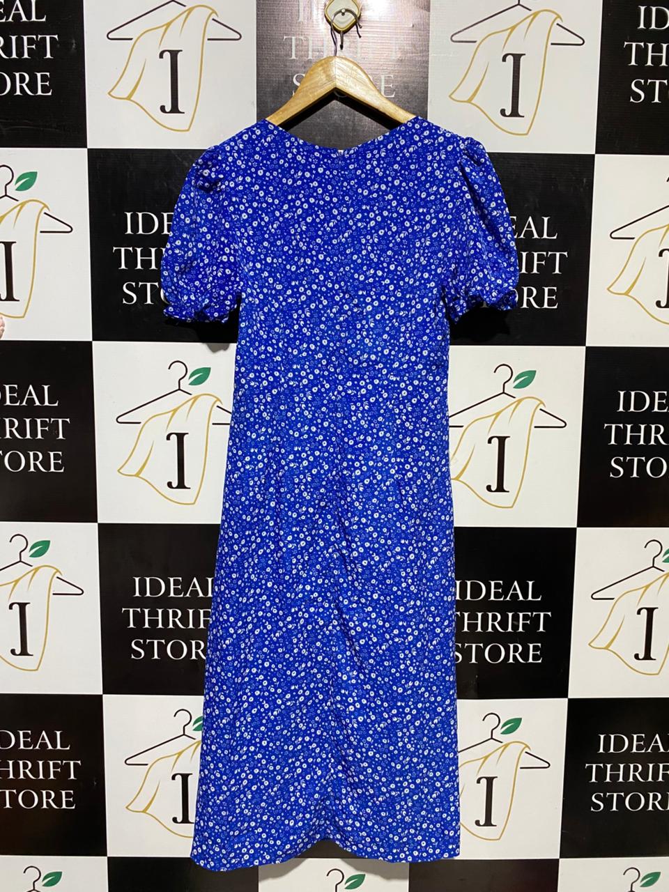 WHYTE VALENTYNE |M| BUST 17| B20| ROYAL BLUE FLORAL PRINT PUFF SLEEVE MIDI DRESS