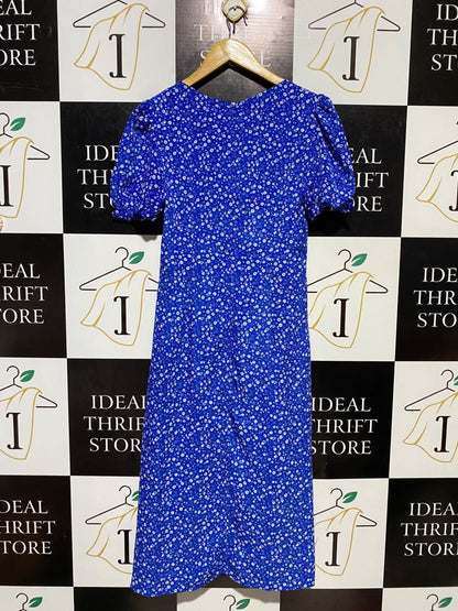 WHYTE VALENTYNE |M| BUST 17| B20| ROYAL BLUE FLORAL PRINT PUFF SLEEVE MIDI DRESS
