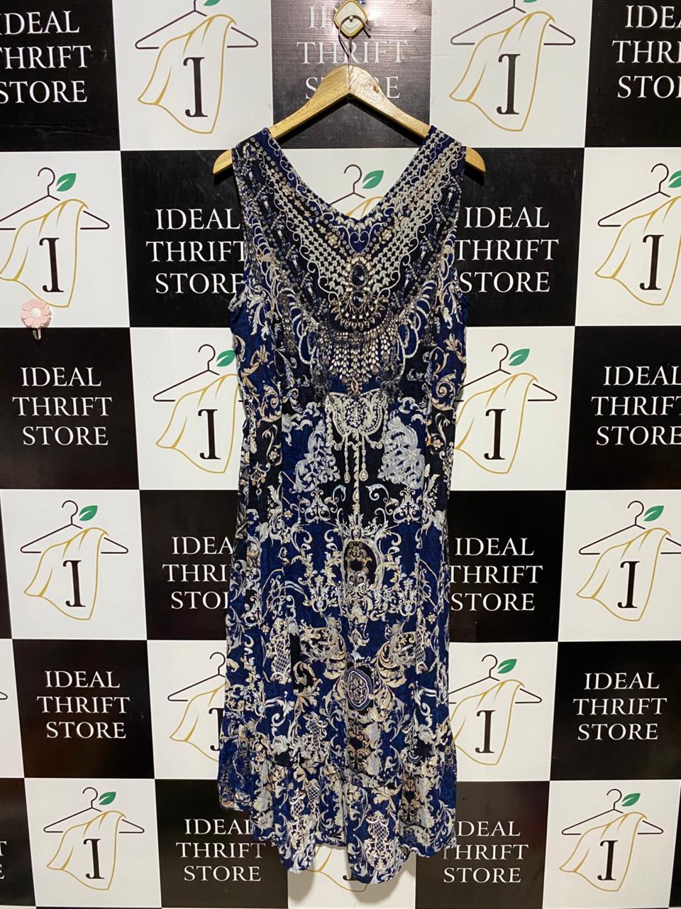 LIZ JORDAN |L| BUST 20| B20| LUXE NAVY BAROQUE PRINT SLEEVELESS MIDI DRESS