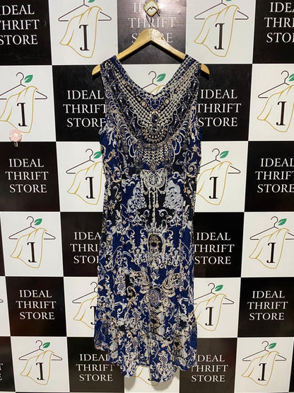 LIZ JORDAN |L| BUST 20| B20| LUXE NAVY BAROQUE PRINT SLEEVELESS MIDI DRESS