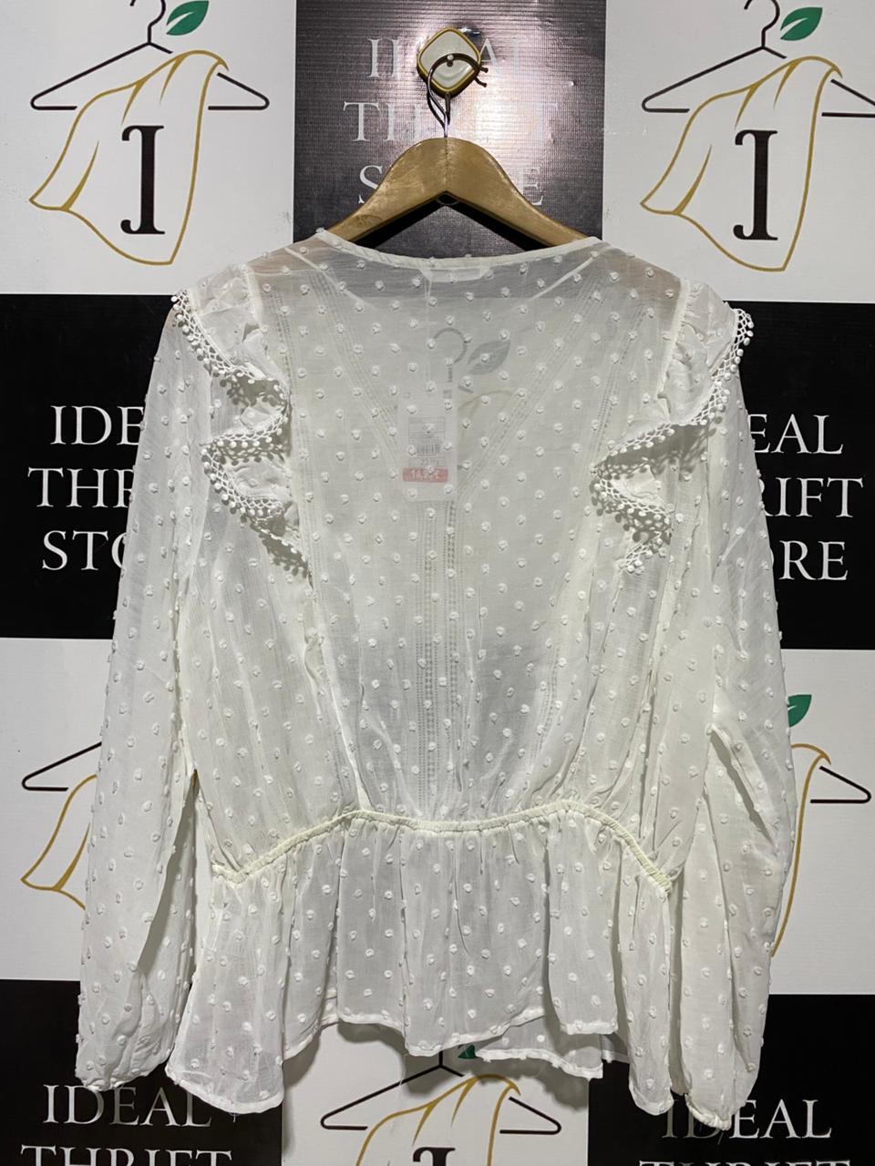 ENCUENTRO |XL| BUST 24| B20| WHITE SWISS DOT LACE TRIM PEPLUM BLOUSE