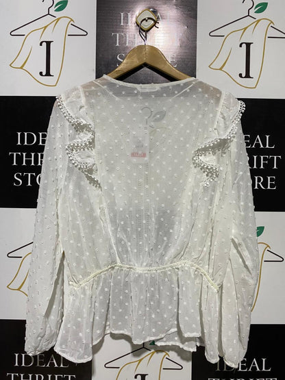 ENCUENTRO |XL| BUST 24| B20| WHITE SWISS DOT LACE TRIM PEPLUM BLOUSE