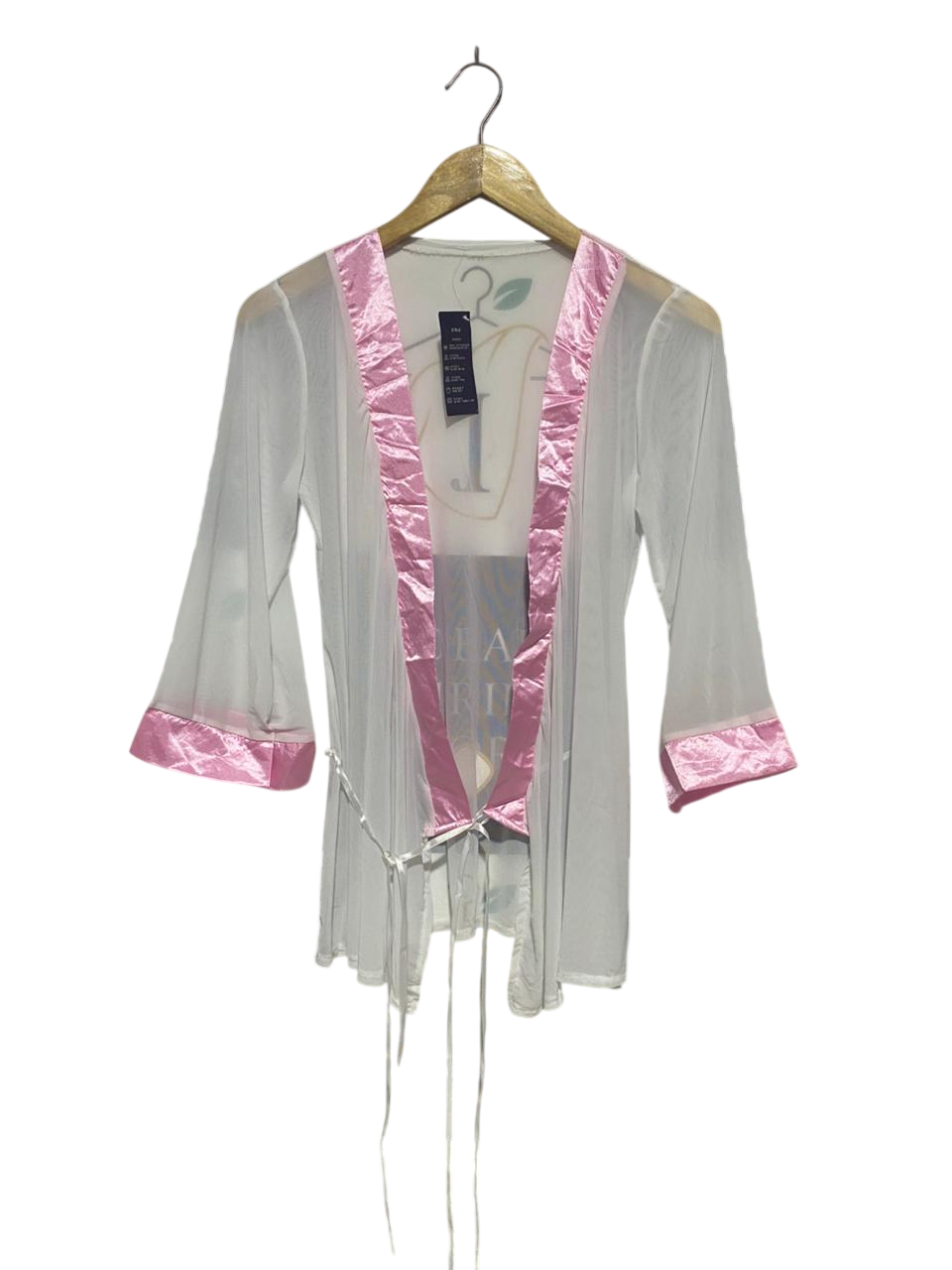 GENIE |M| BUST 16| B20| WOMEN'S SHEER MESH ROBE WITH SATIN TRIM - WHITE/PINK