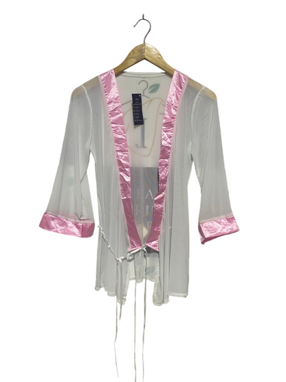 GENIE |M| BUST 16| B20| WOMEN'S SHEER MESH ROBE WITH SATIN TRIM - WHITE/PINK