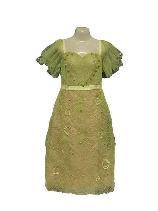 VERONICA |M| BUST 18| B20| ELEGANT LIME GREEN TULLE RUFFLE MIDI DRESS
