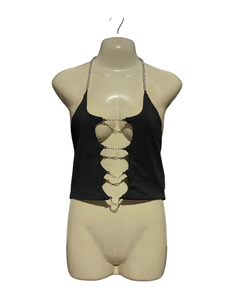 SHEIN |L| BUST 16| B20| BLACK CUT-OUT HALTER TOP WITH SILVER CHAIN DETAILS