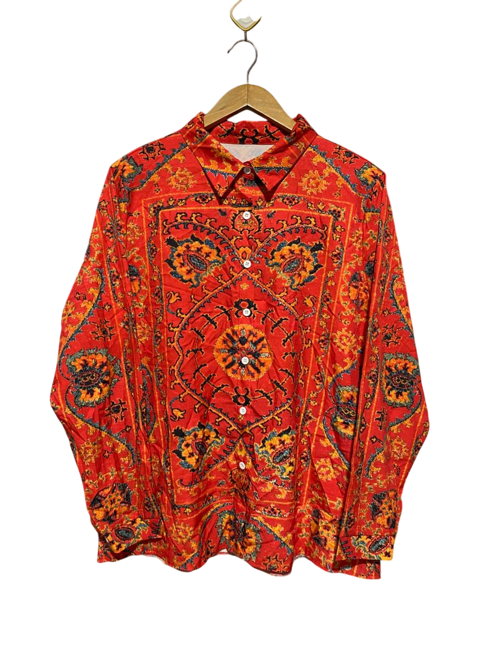 |XL| BUST 23| B20| VINTAGE-STYLE RED BOHO PAISLEY LONG SLEEVE BUTTON-UP SHIRT