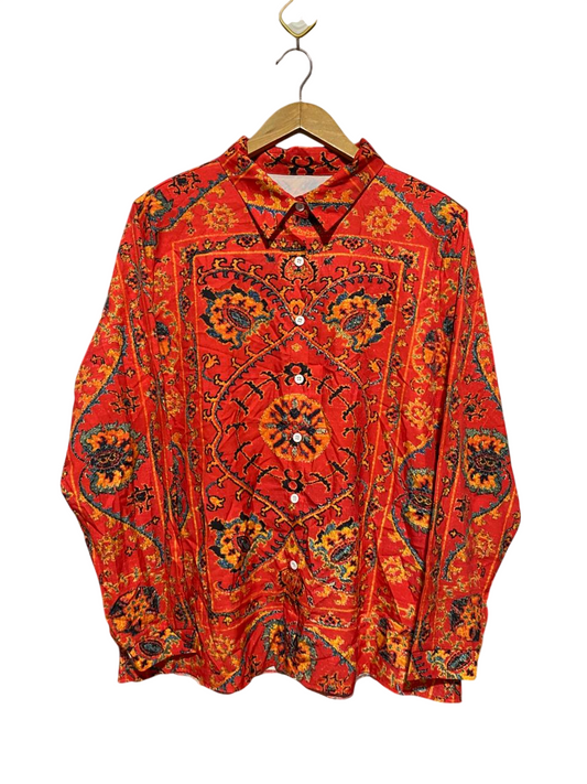 |XL| BUST 23| B20| VINTAGE-STYLE RED BOHO PAISLEY LONG SLEEVE BUTTON-UP SHIRT