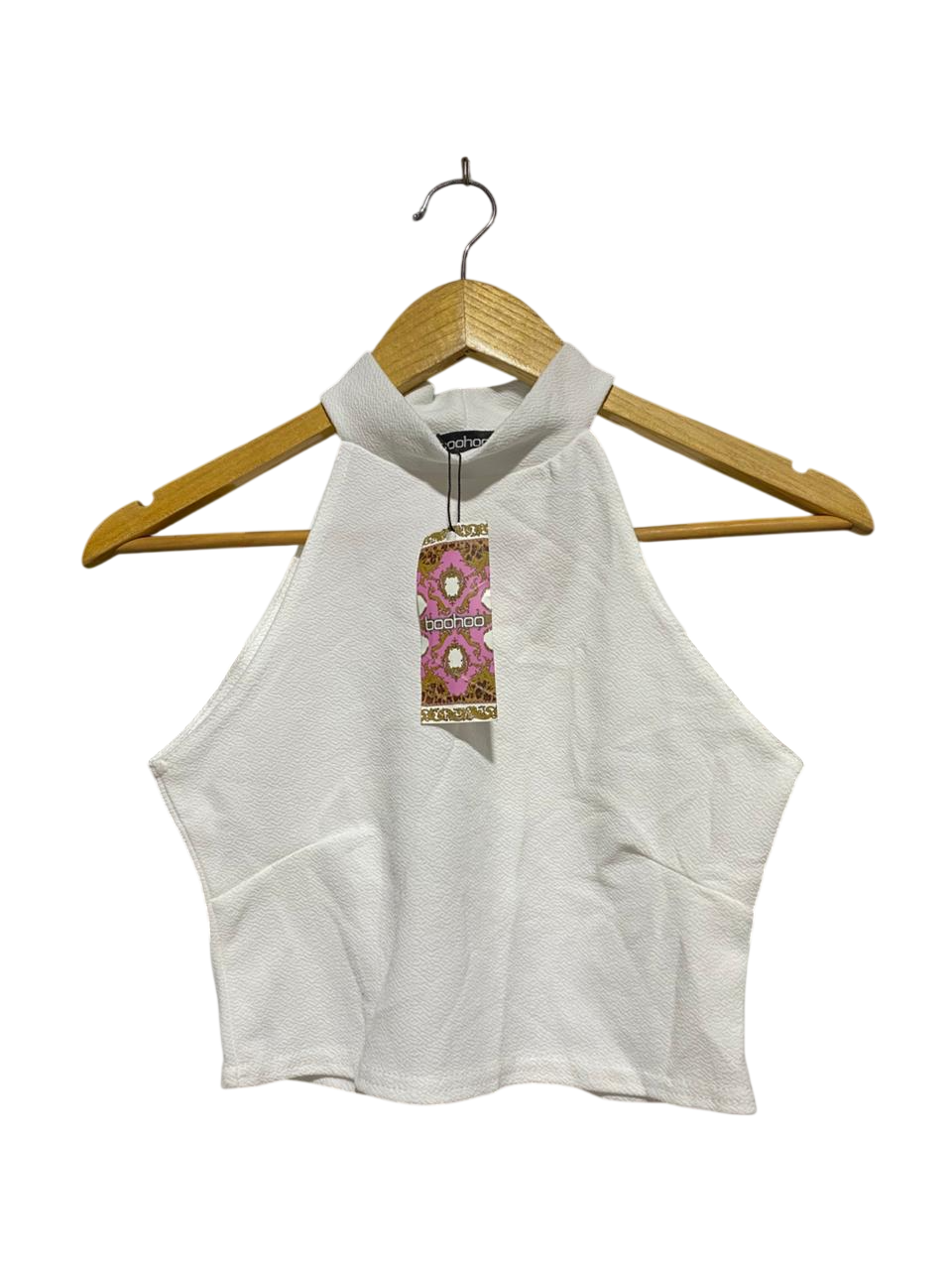 BOOHOO |M| BUST 15| B20| WHITE TEXTURED HALTER NECK CROP TOP